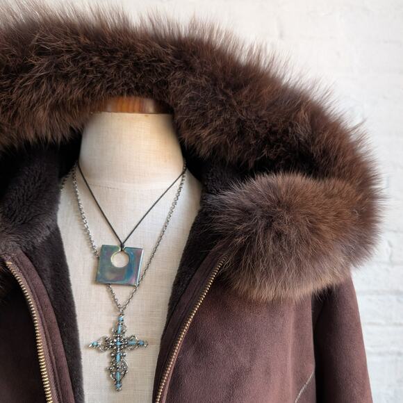 Vintage Brown Faux Suede Fox Fur Trim Coat Minimalist Mini Trench Boho Jacket - Picture 4 of 10